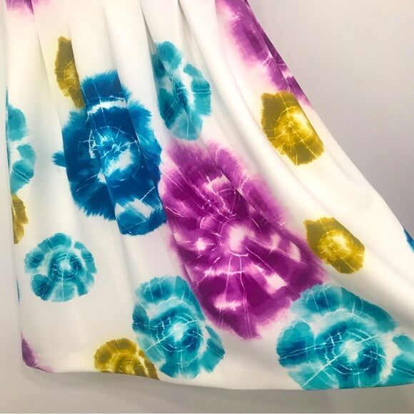 Calvin Klein White Multicolored Tie Dye Circle Print Sleeveless A Line Dress - Picture 7 of 16